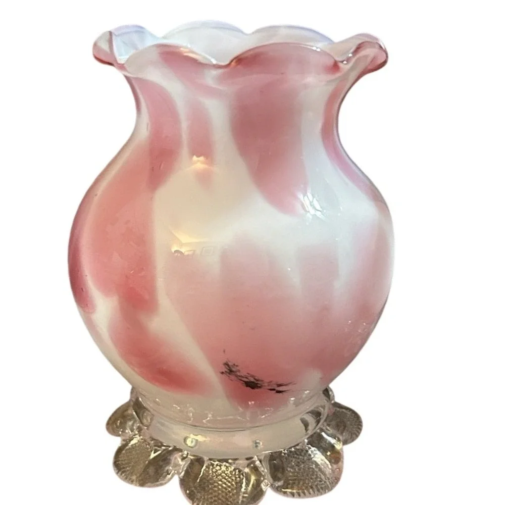 Vintage Pink and White Slag Glass Ruffled Bud Vases with Clover Base Set of 2